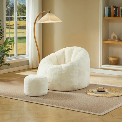 Pouf morbido a fantasia floreale per adulti con poggiapiedi, confezionato sottovuoto, non richiede montaggio, ideale per soggiorno, camera da letto e balcone, bianco crema. (1/5)