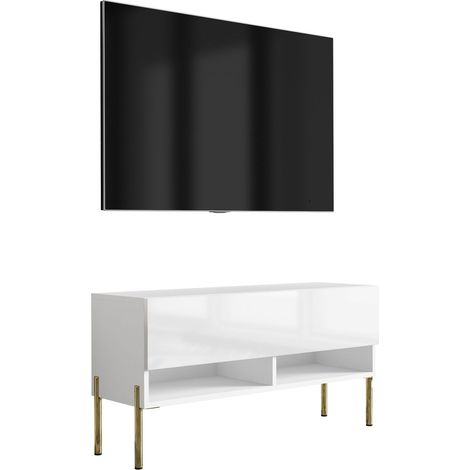 Meuble TV : Blanc Mat / Blanc Brillant, pieds droits dorés, 100 × 32 × 52 cm (1/5)