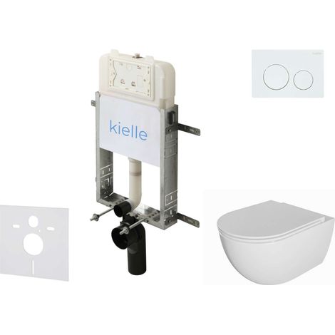 kielle Genesis New - Conjunto de instalación empotrada, inodoro Oudee Rimless, asiento softclose y pulsador Gemini New I, blanco brillante 30528SZ01