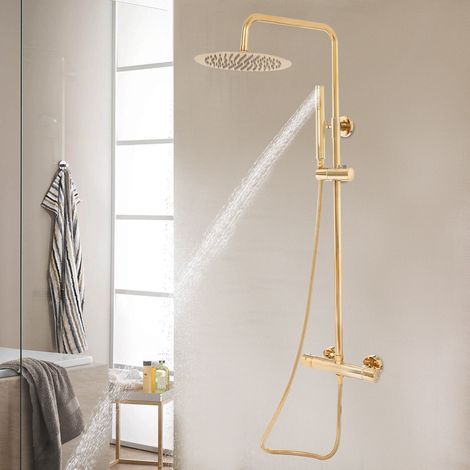 Ensemble de douche thermostatique rond doré de 25 cm, ensemble complet de douche en acier inoxydable, système de douche avec thermostat et pomme de douche à effet pluie, fonction anti-calcaire