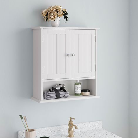 Armoire de salle de bain murale en MDF blanc 54,6 cm avec 2 portes, étagères réglables et niche ouverte (1/5)