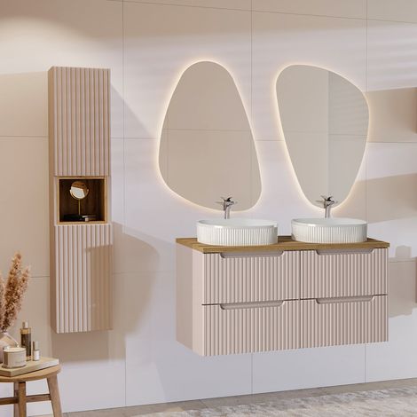 Ensemble meuble double vasque 120cm 4 tiroirs et colonne Riva Cachemire et Bois (1/5)