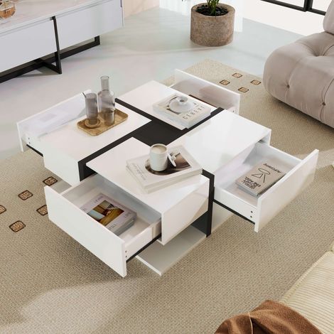 Table basse carrée 78x78 cm effet brillant avec 4 tiroirs, rangement ouvert, design moderne blanc et noir pour salon (1/5)