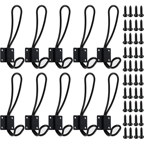Lot de 10 patères murales en fer rustique (13 x 4 cm) pour chapeaux et sacs, avec vis, noires. Idéales pour l'entrée et la salle de bain. (1/4)