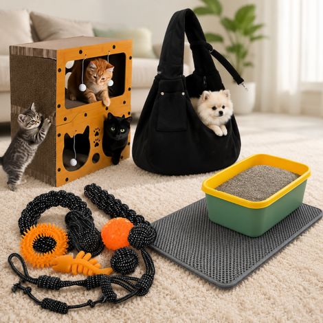 Set de paseo para perros y gatos (4 piezas): paquete de juguetes para perros, torre de dos pisos para gatos, transportín y alfombrilla para la caja de arena. (1/5)