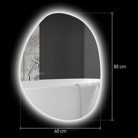 Miroir de salle de bain lumineux, forme asymétrique, 80 x 60 cm, éclairage LED, 3 couleurs d'éclairage, fonction antibuée, argent (1/5)