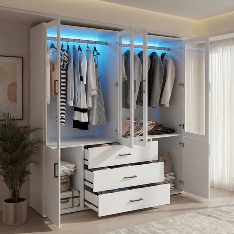 Kleiderschrank mit Glastüren und LED-Beleuchtung, Vielseitiger 4-türiger Drehtürenschrank, Schlafzimmerschrank mit Schubladen, geeignet für Jugendliche, Weiß, 160 x 182 x 51,8 cm