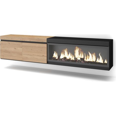 Skraut Home – Meuble TV suspendu avec cheminée électrique LED – Grand rangement 208x35x45cm – Style moderne chêne et noir – Pour TV jusqu'à 80" (1/5)