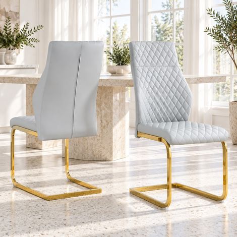 Set di 2 sedie da pranzo, schienale alto, PU effetto pelle grigio chiaro, telaio in metallo DESVIAE (1/5)