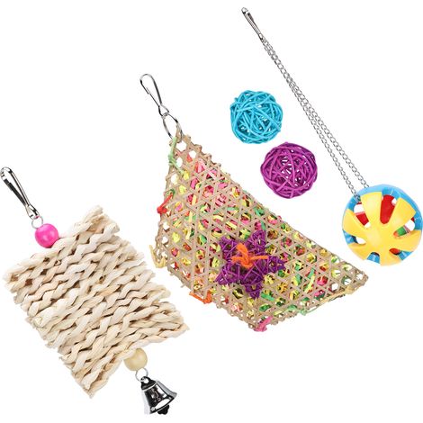 Lot de 5 jouets à mâcher colorés pour poules, perroquets et autres oiseaux : balle et clochette à déchiqueter. (1/5)