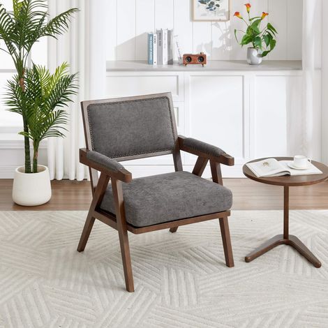 Lounge-Sessel – 66,5 x 66 x 88 cm – Mid-Century-Stil – Holzgestell – Leinen, grau