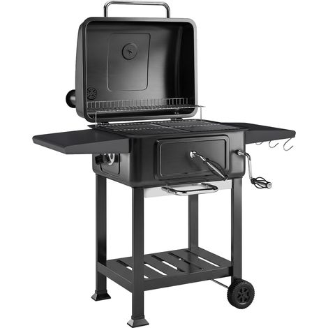 Barbecue au charbon avec bac à charbon réglable, chariot grill de jardin fumoir avec tablettes latérales et thermomètre