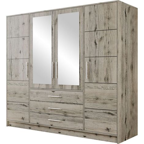 Armoire à portes battantes - Penderie avec miroir, tiroirs et portes miroir - Élégante chambre à coucher, chambre d'adolescent (chêne Wellington) (1/5)
