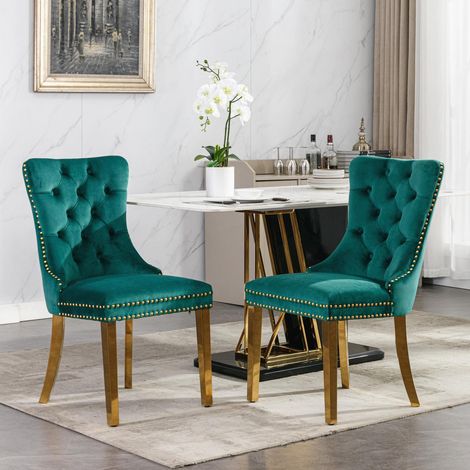 Chaises de salle à manger velours capitonné, lot de 2, pieds acier inoxydable doré, clous décoratifs, design moderne haut de gamme. (1/5)