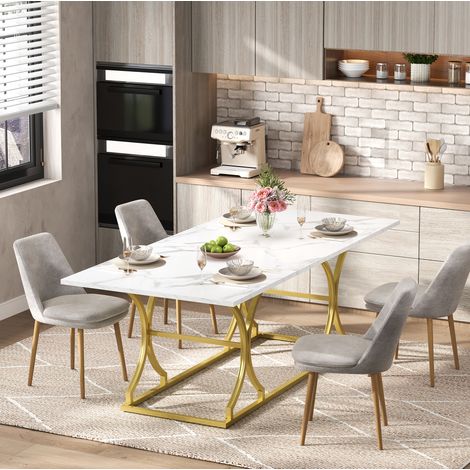Table à manger 200 x 80 cm pour 8 à 10 personnes, MDF blanc et pieds métal doré DESVIAE (1/5)