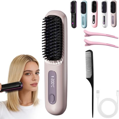 Heated Brush for Short Hair, Portable Rechargeable Straightener, Adds Volume in 2 Minutes, Portable and Rechargeable Styling Brush for Travel and Daily Use (1D)