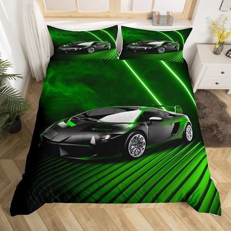 Housse de Couette 140x200 Enfant Garçon Voiture de Course, Parure de Lit Voiture de Sport, Sets de Housses de Couettes Voiture de Sport À Grande Vitesse, Couvre Lit Vert Brun (1/5)