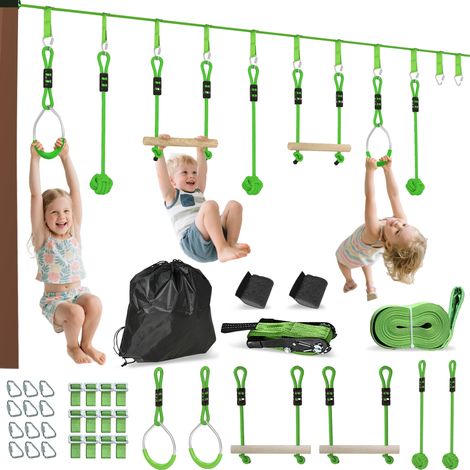 Kompletter 10 m langer Ninja-Parcours für Kinder mit 7 Teilen, 50 kg Seilrutsche, Rutsche und Schaukel, umweltfreundliches Outdoor-Spiel, einfache Montage, Hindernisparcours-Set für den Garten.
