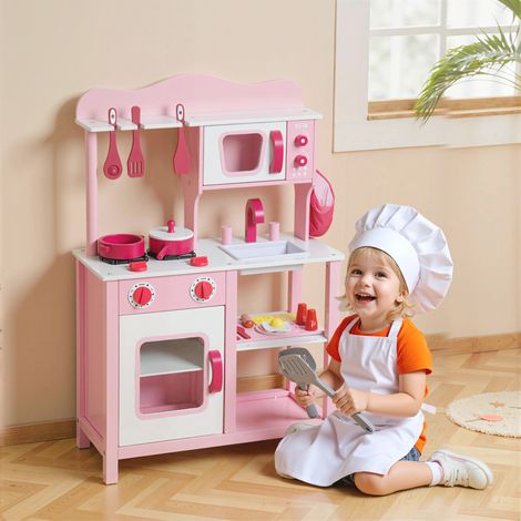 Cuisine pour enfants, accessoires en bois, appareils électroménagers, compacte, sons, rose