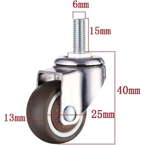 Lot de 4 roulettes pivotantes pour meubles - M6 x 15 mm - Filetage 25 mm - Caoutchouc souple - Filetage TPE - Mini roulettes pour meubles (25 mm) (1/4)