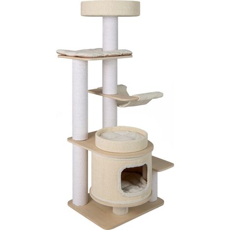 Moderno tiragraffi a più livelli 151 x 59 x 48 cm con morbido cuscino e tiragraffi in bianco 200017884