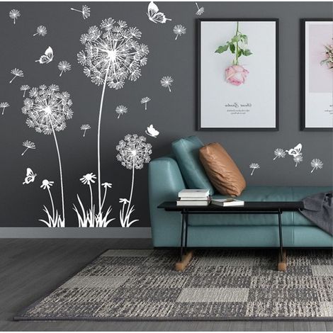 Wall decals of dandelions with white butterflies, removable decor for living room, bedroom, or office.