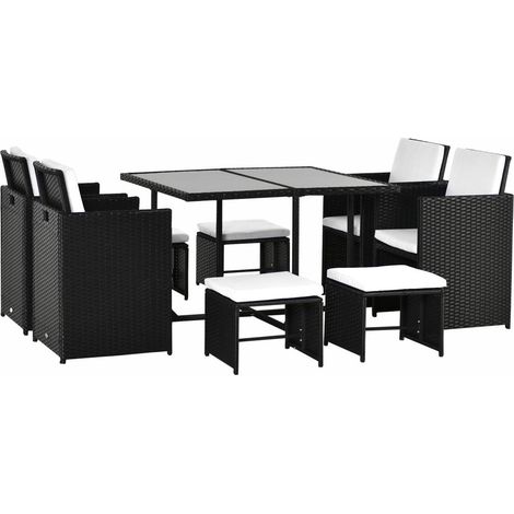 Salon de jardin 8 places en résine tressée ensemble repas extérieur table 4 chaises et 4 poufs noir gain de place (1/5)