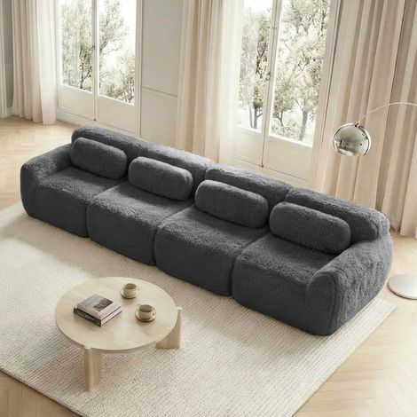 Sofá modular 4 plazas gris en felpa con base antideslizante y cojines (1/5)
