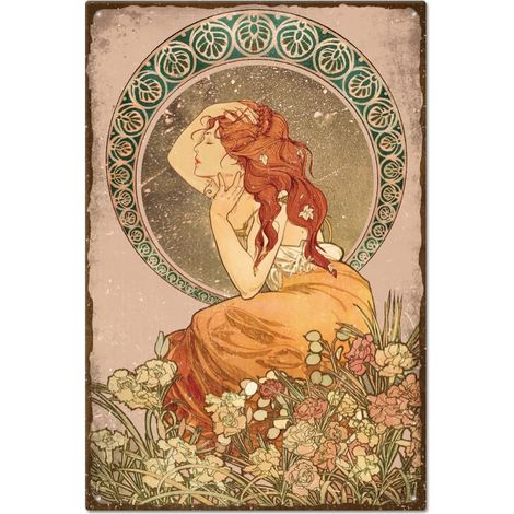 Plaque en Métal Vintage pour Cheveux Longs Femme Art Nouveau Beauté Entourée de Fleurs Plaque en Étain pour Femme, Décoration Murale Rétro pour Restaurants Bars Pubs 20x30cm (1/5)