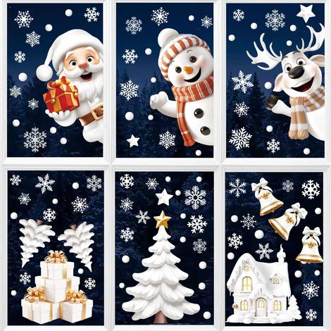 Stickers Noel Fenetre 9 Feuilles - Autocollant Noel pour Fenetre Electrostatique, Réutilisables Stickers Vitre Noël avec Sapin Pere, Decoration de Noël Blanches Deco pour Vitrine et Verre (1/5)