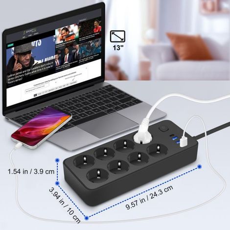 Multiprise avec Interrupteur - - 12 Prises - 8 Prises EU - 3 USB A - 1 USB C (1/5)