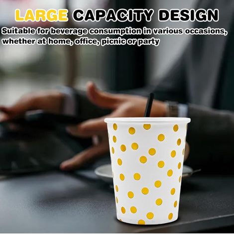 Lot de 100 gobelets en carton Gobelets en papier : 300 ml Gobelet en papier avec point doré pour café, jus, boissons chaudes et froides, bricolage, gobelets de fête pour anniversaire à la (1/2)