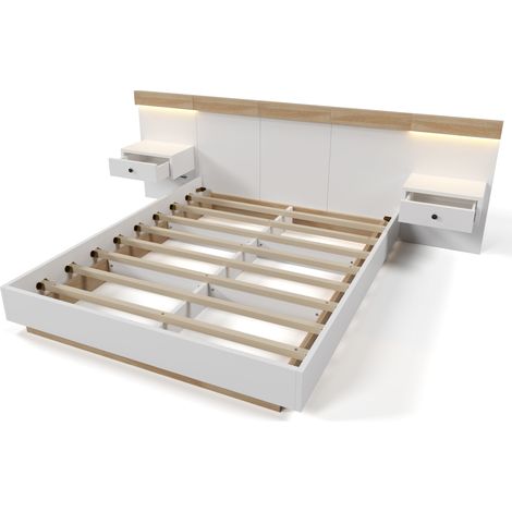 Letto matrimoniale 140x200 cm con 2 comodini LED, USB-C e presa, bianco rovere Sonoma (1/5)