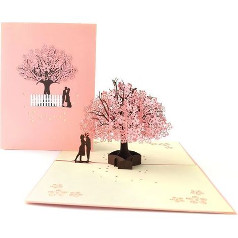 Romantic Qixi Festival (Chinese Valentine's Day) 3D Cherry Blossom Tree Greeting Card, Creative Gift, Paper Sculpture Wedding Invitation, Romantic Cherry Blossom Tree (15x20cm)