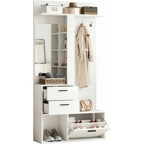 ELVMI Garderobenschrank mit 2 Schubladen, Klappschuhschrank, Spiegel und 3 Haken für Flur aus MDF 90 x 30 x 180 cm Weiß (1/5)