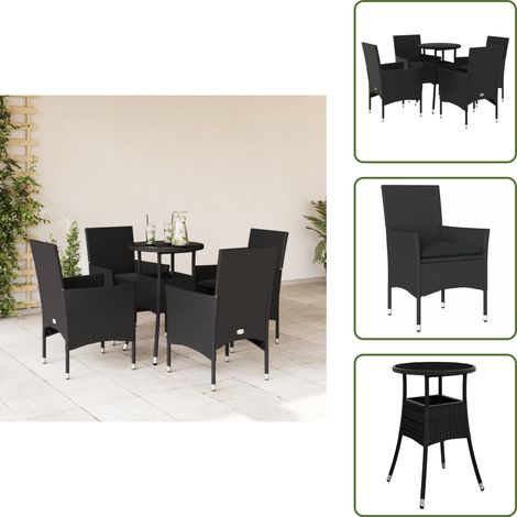 The Living Store Ensemble à manger de jardin et coussins 5 pcs noir rotin verre - Meubles De Jardin - Salon De Jardin - Set De Table - Mobilier D'extérieur - Résine Tressée