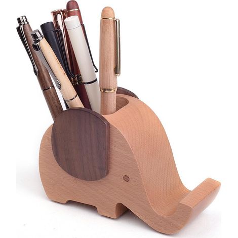 Eine Schreibtischaufbewahrungsbox aus Buchen- und Walnussholz mit Elefantenmotiv. Ein multifunktionaler Organizer für Büromaterialien, der auch als Handyhalter verwendet werden kann.