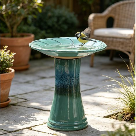 Abbeveratoio e bagno per uccelli in ceramica turchese Ø43 x 45 cm OKWISH (1/5)