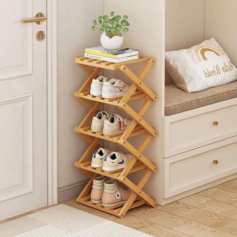 Étagère à Chaussures Pliable, Range-Chaussures Vertical en Bambou, Haut pour Petits Espaces, Étagère à Chaussures Étroite Multifonctionnelle pour Entrée, Chambre, Couloir, Couleur Bois, 5 Niveaux (1/5)
