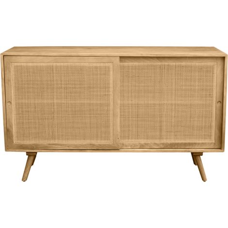 Sideboard aus massivem Mangoholz und Rattangeflecht 2 Schiebetüren B135 cm ACANGE (1/5)