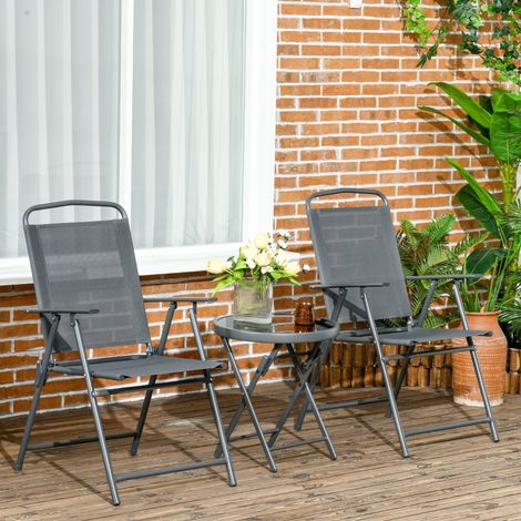 Lot de 3 meubles de jardin métalliques anti-intempéries : table pliante en verre + chaises gris anthracite