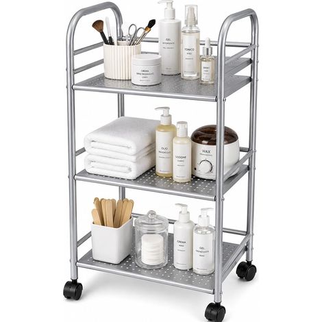 Chariot de Rangement en Métal Argenté à 3 Étagères, Desserte Multifonction avec Roues Pivotantes à 360°, 40 × 35 × 75 cm (1/5)