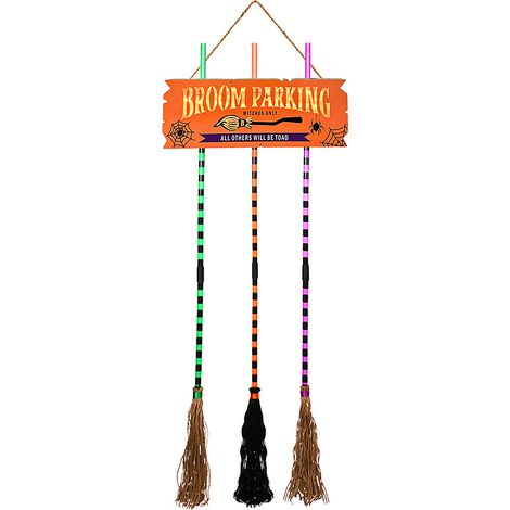Panneau lumineux de stationnement en bois de 110 cm (43,3 pouces) avec 3 balais de sorcière, décoration murale pour porche ou fête d'Halloween, orange. (1/2)