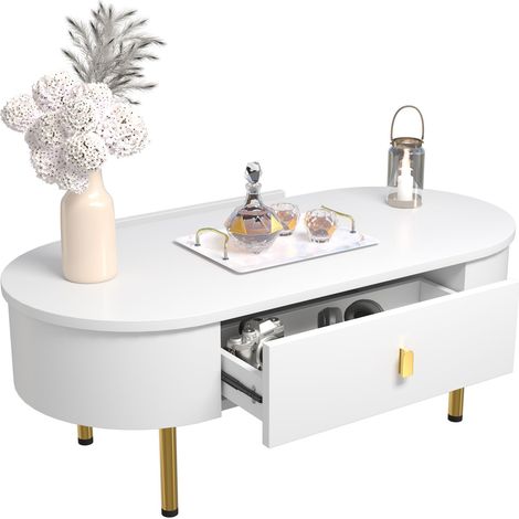 ELVMI Couchtisch mit 2 Schubladen, Goldfarbenen Griffen und Beinen, Abgerundeten Ecken, für Wohnzimmer, MDF, 108 × 50 × 40 cm (1/5)