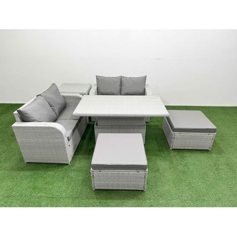 Fimous 6 Seater Outdoor Love Sofa Set Rattan Garden Furniture Set with Adjustable Lifting Dining or Coffee Table 2 Footstool Side Table Light Grey (1/5)