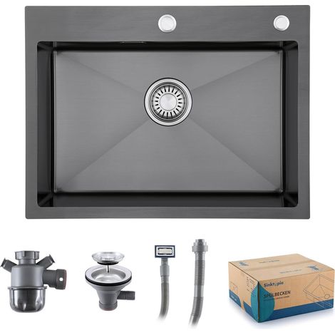 Evier Inox 1 Bac Avec Siphon Évier de Cuisine 2 Trou de Robinet 60×45 cm Évier Inox Brossé Acier Inoxydable Avec Trop-Plein et Kit de Vidange pour Cuisine Extérieure de Camping Car (1/5)