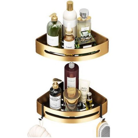 Etagère de Douche d'angle sans Perçage en Métal avec 2 Crochets pour Douche Support Antirouille Autocollant +Argile pour Articles de Salle de Bains 2 Pièces (Doré) (1/4)