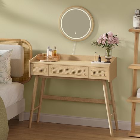 Coiffeuse Avec Miroir Et Lumière, Table De Maquillage, 3 Tiroirs Imitation Rotin, Lumière Réglable Avec 3 Couleurs, Style Bohème, Chambre, Beige Chêne (1/5)