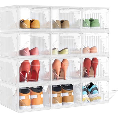 Boîtes à Chaussures, Lot de 12, Rangement Chaussures en Plastique, Empilable et Reliable, avec Porte Magnétique, Transparente, jusqu'à la Pointure 46, Blanc Nuage LSP806WH01-2J (1/5)