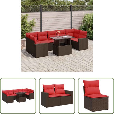 Gartentisch - 8-tlg. Garten-Sofagarnitur mit Kissen Braun Poly Rattan Akazie (1/5)